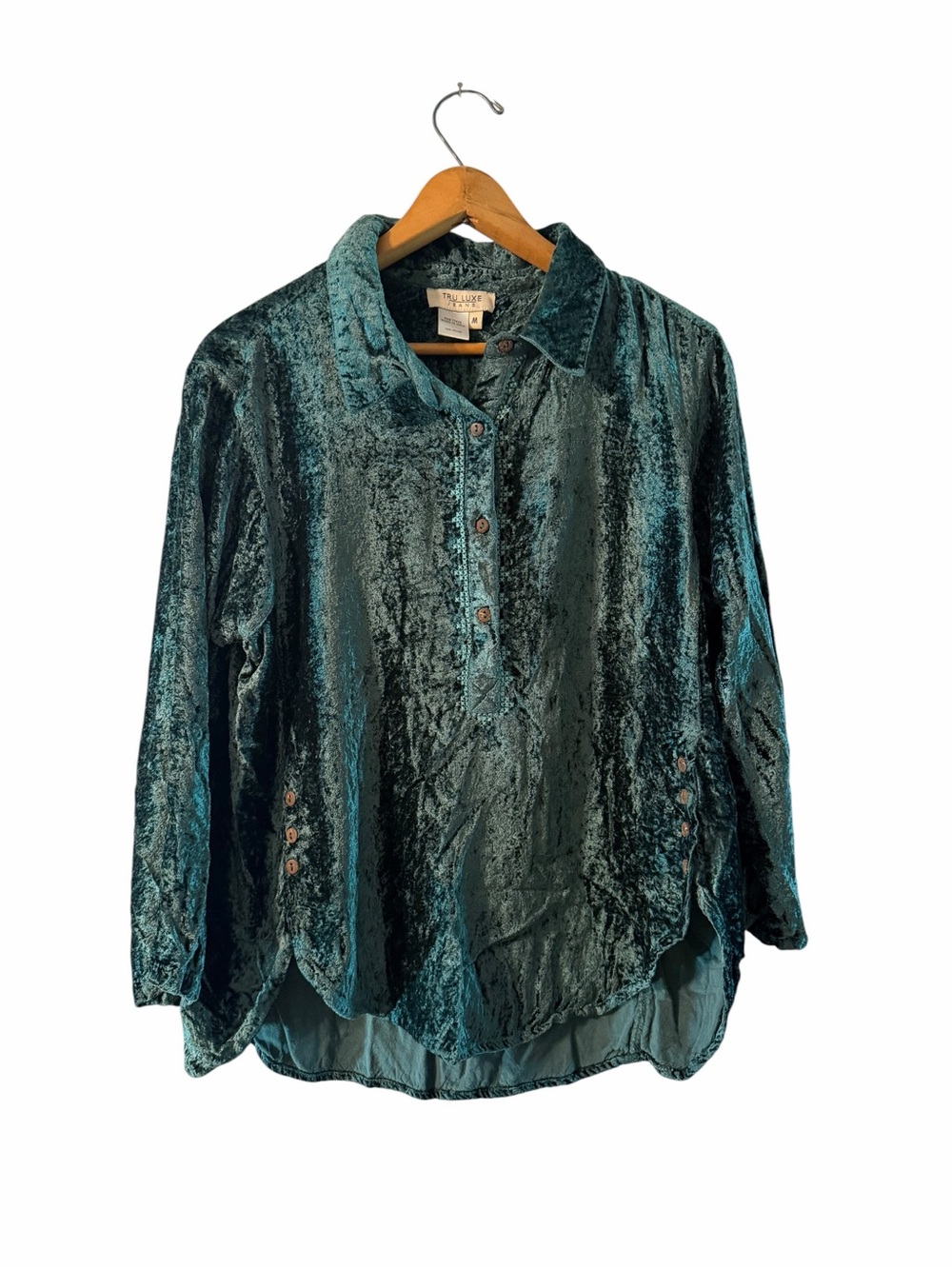 Tru Luxe Jeans Teal Velvet Button-Down Shirt
